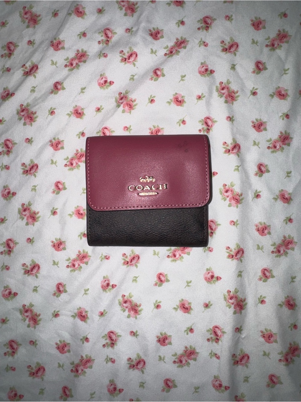 COACH Two-Tone Leather Compact Wallet in Burgundy and Black